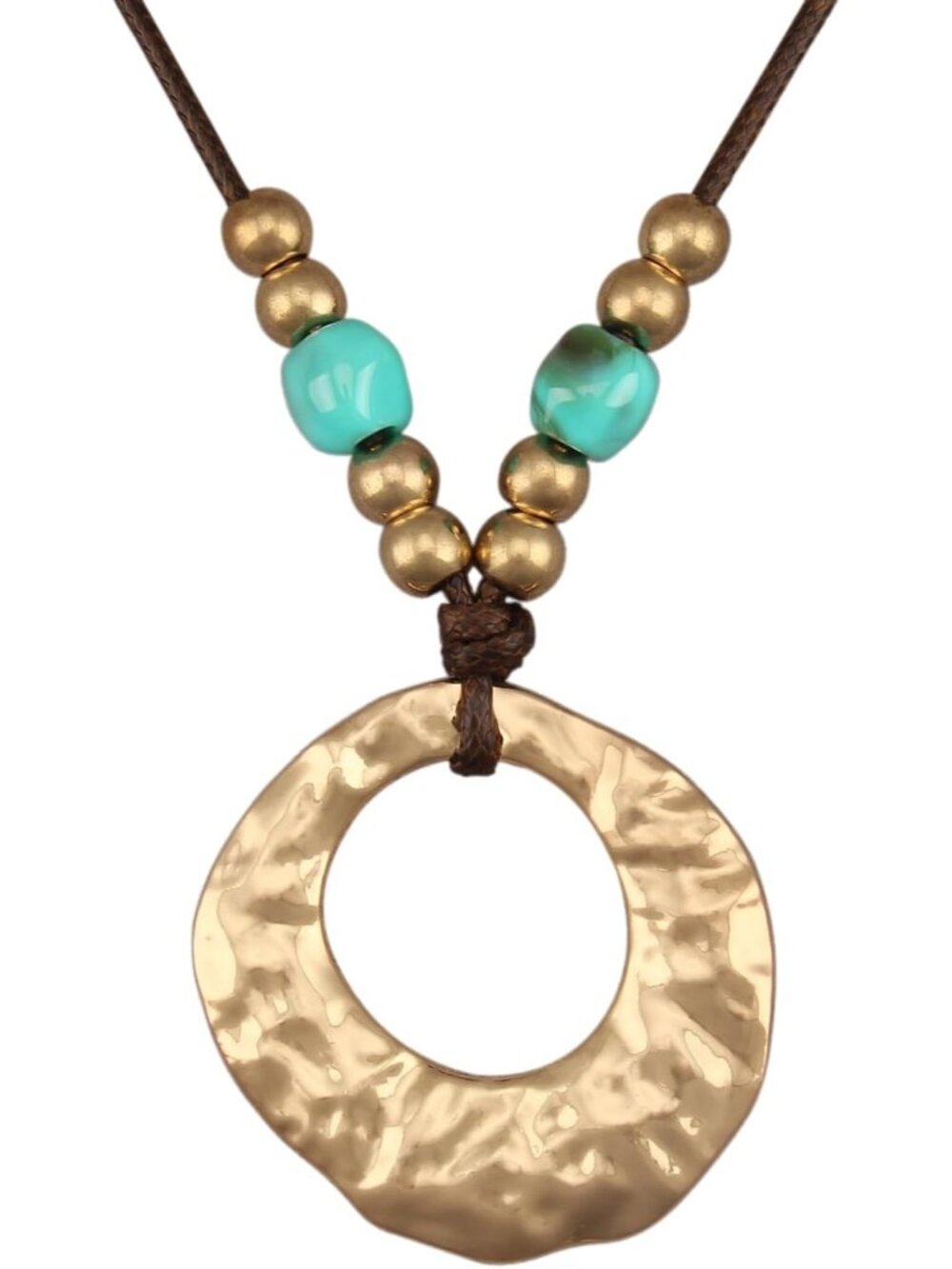 Women's Boho Gold Textured Hoop Pendant Necklace Turquoise Bead Cord Choker